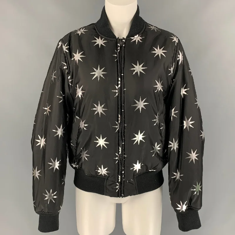 LOVE MOSCHINO Size 6 Black & Silver Star Print Polyester Bomber Jacket Snapped Jacket Toggled Jacket Drawstring Jacket