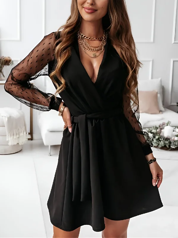 Lace Long Sleeves Patchwork A-Line Belted Mini Dress Comfortable Polka Dot Mini Dress