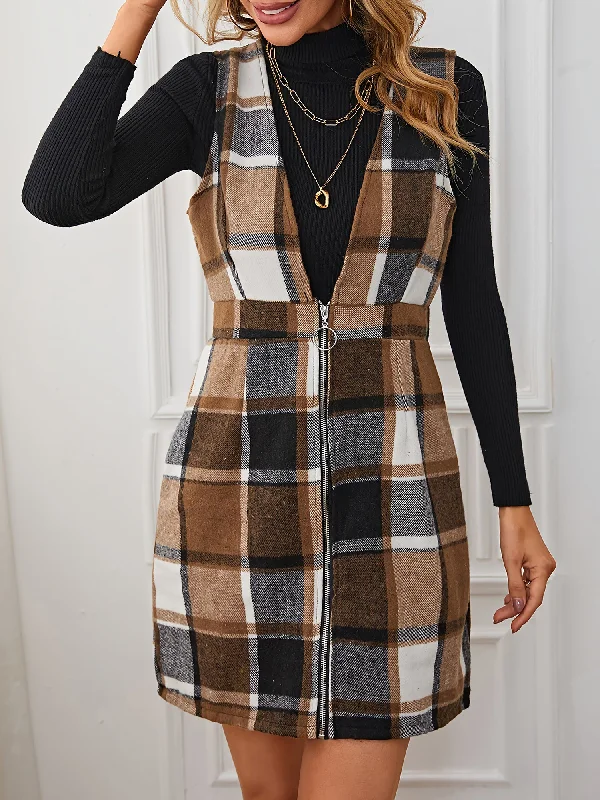 Plaid Sleeveless Zipper Pinafore Overall Mini Dress Cozy Cowl Neck Mini Dress