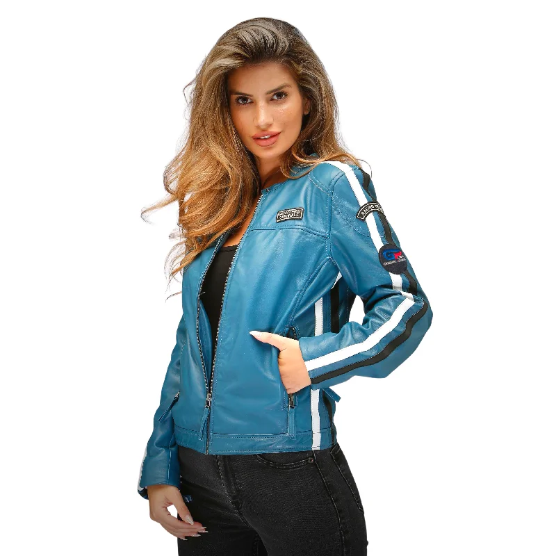 Women's Lambskin Leather Racing Jacket in Challenge Blue **SOLD OUT** Mesh Jacket Canvas Jacket Denim Jacket