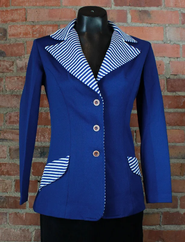 Women's Vintage 70's Montgomery Ward Blazer Jacket Blue Striped Small One-Shoulder Jacket Off-the-Shoulder Jacket Asymmetrical Jacket