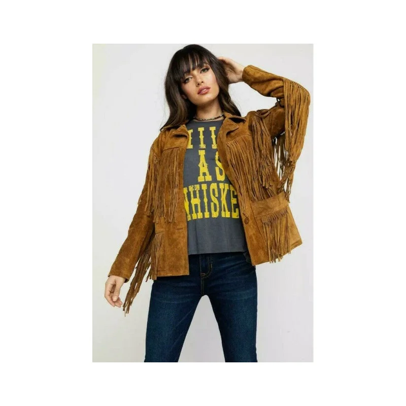 Womens Vintage Brown Suede Leather Jacket Ladies Native Fringe Western Wear Coat Nylon Jacket Polyester Jacket Spandex Jacket