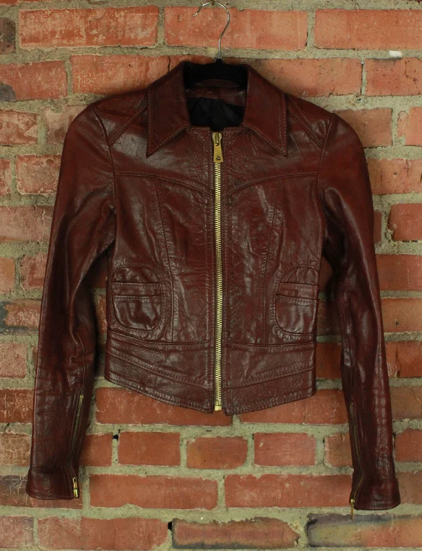 Women's Vintage Early 70's East West Musical Instruments Brown Leather Jacket - XXS V-Neck Jacket Boat Neck Jacket Square Neck Jacket