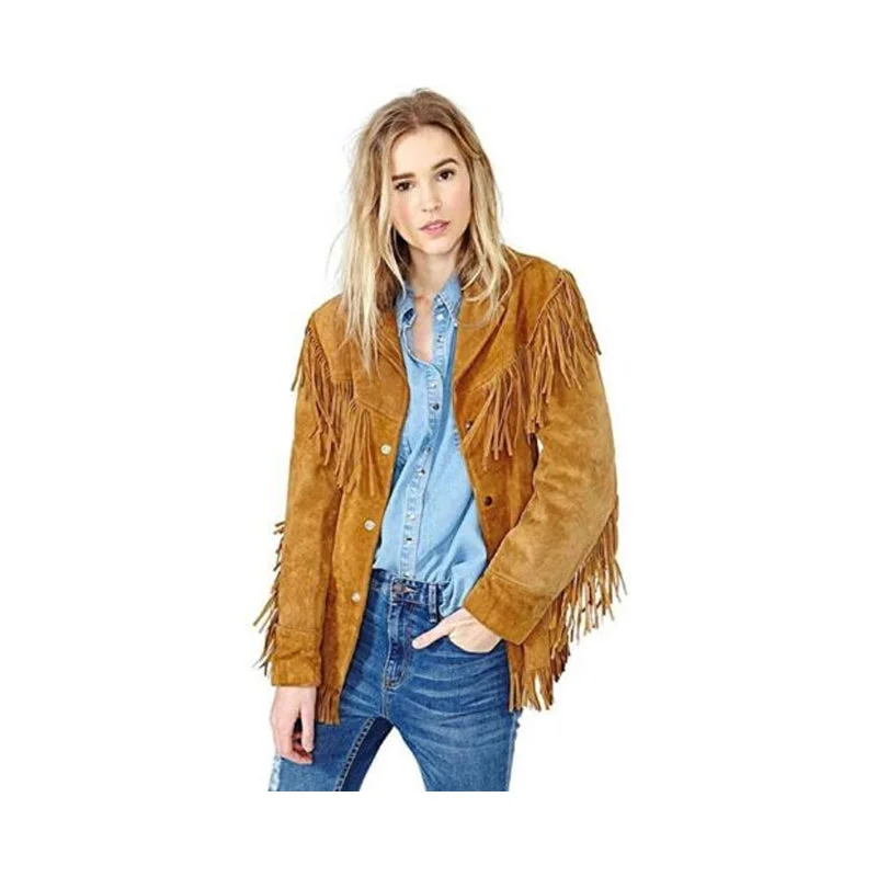 Womens Vintage Tan Brown Suede Leather Jacket Native Fringe Western Style Coat Herringbone Jacket Houndstooth Jacket Plaid Jacket