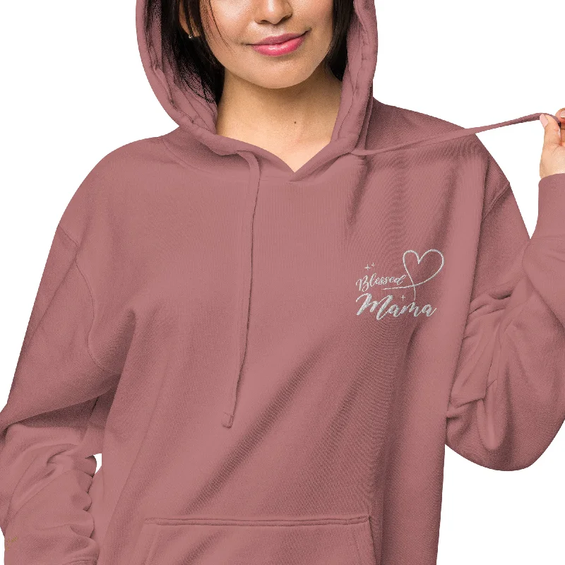 Blessed Mama Embroidered Design Unisex Pigment-Dyed Hoodie, lioness-love Hoodie with Drawcord Adjustable Secure