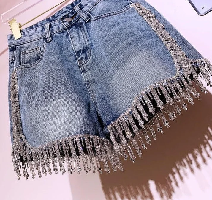 Diamond Tassel Jean Shorts Stylish High-Rise Mom Jeans