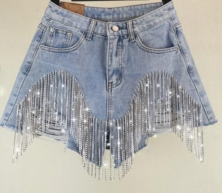 Diamond Tassels Ripped Jean Shorts Comfortable Stretch Fit Jeans