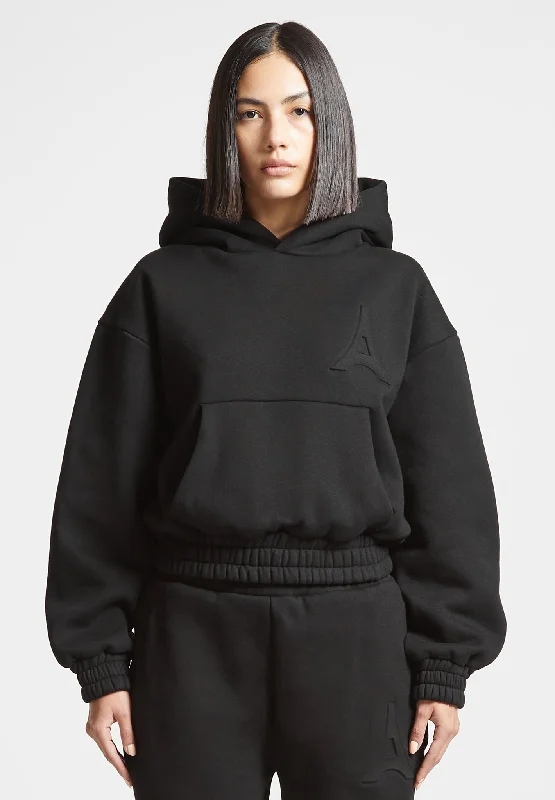 Éternelle Eiffel Embossed Hoodie - Black Hoodie with High-Low Hem Asymmetrical Trendy