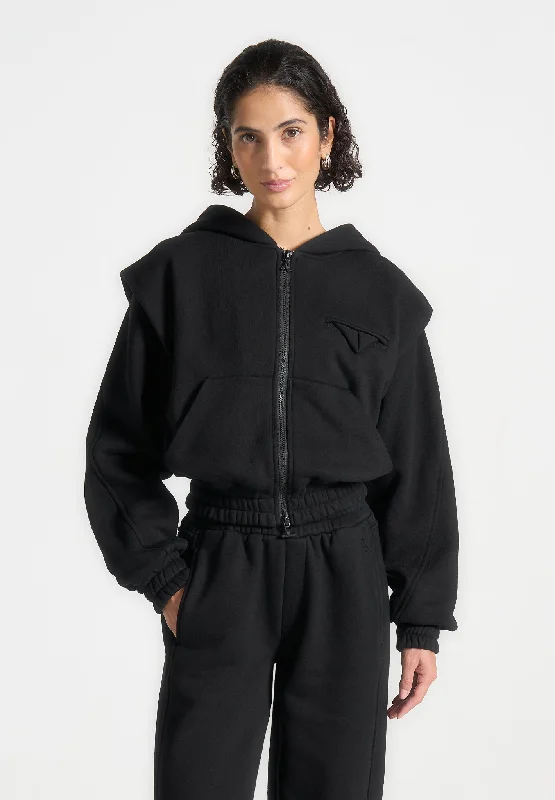 Éternelle Wide Shoulder Zip Through Hoodie - Black Hoodie with Crew Neck Simple Timeless