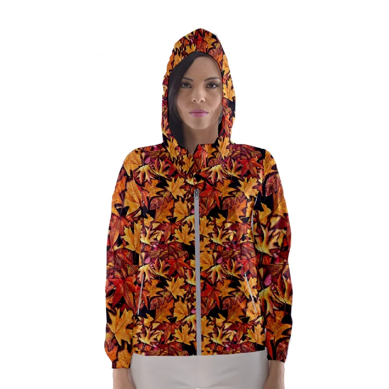 Fall Leaves Pattern Women's Hooded Windbreaker Hoodie with Ribbed Hem Stretchable Secure