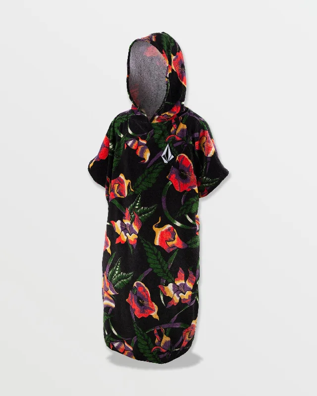 Hooded Changing Towel - Black Floral Print Hoodie with Hem Lace Feminine Delicate