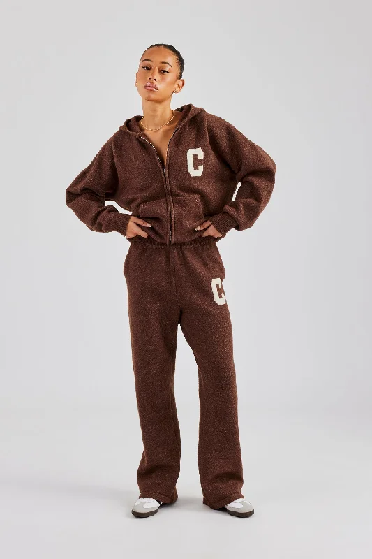 Hooded Zip Through Knitted Tracksuit - Chocolate Hoodie with Mock Neck Collared Structured