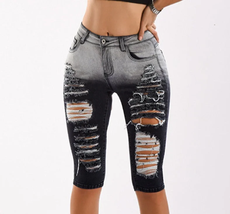 Knee Length Ripped Moto Jean Shorts Casual Wide-Legged Denim Jeans