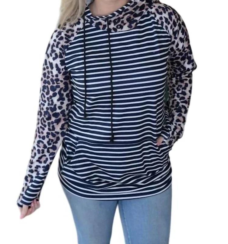 Leopard & Striped Double Hoodie In Blue/white Hoodie with Belted Waist Structured Tailored