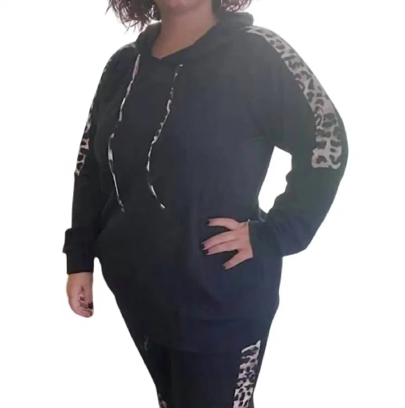 Leopard Trimmed Hoodie In Black Hoodie with Hem Elastic Stretchable Comfortable