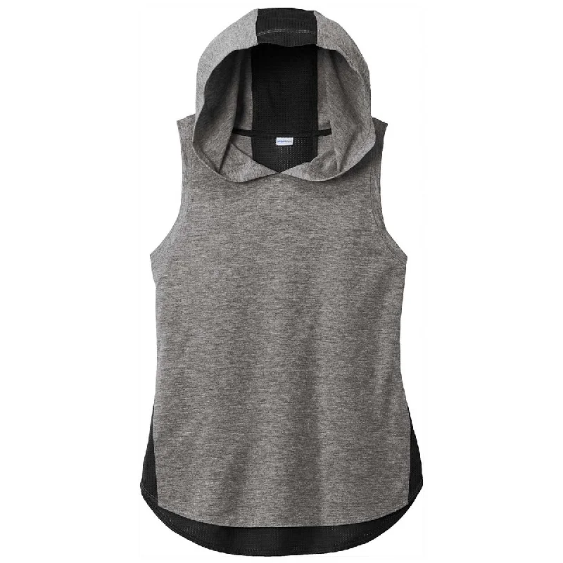 Sport-Tek Women's Black/Dark Grey Heather PosiCharge Tri-Blend Wicking Draft Hoodie Tank Hoodie with Slim Fit Tailored Modern