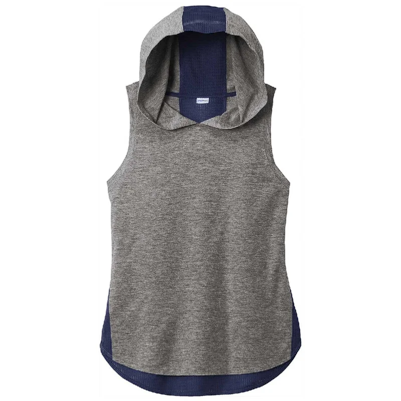 Sport-Tek Women's True Navy/Dark Grey Heather PosiCharge Tri-Blend Wicking Draft Hoodie Tank Hoodie with Raw Hem Edgy Unfinished