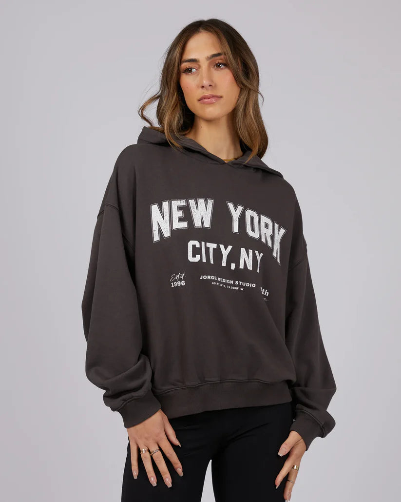 New York Hoodie Black Hoodie with Hem Detail Decorative Unique