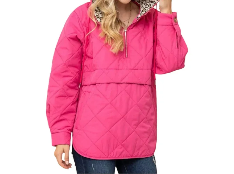 Quilted Half Zip Up Leopard Detailed Hoodie In Fuchsia Hoodie with Mesh Breathable Sporty