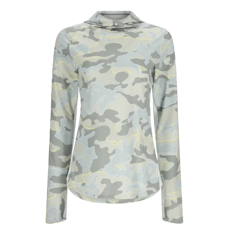 Simms Womens SolarFlex UPF50 Hoody | Woodland Camo Cinder Hoodie with Hem Contrast Bold Stylish