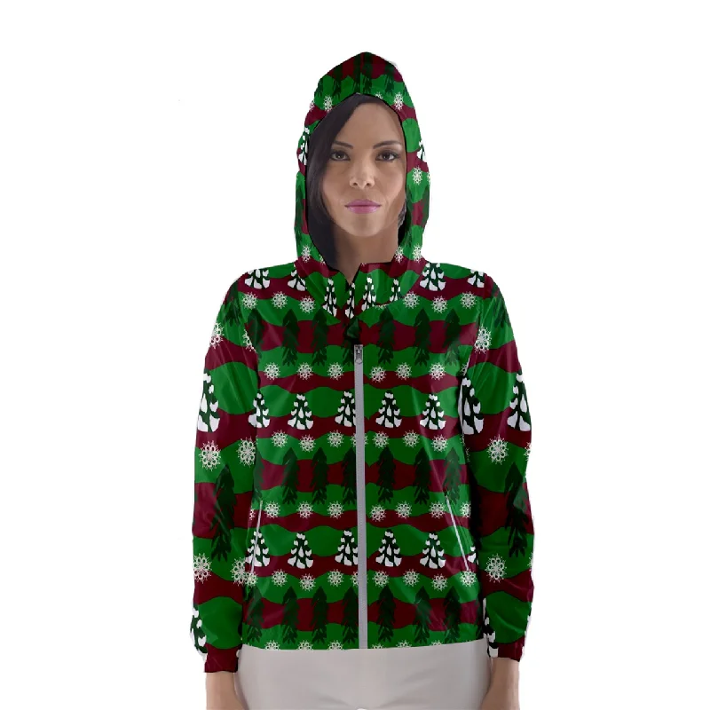 snowy evergreen pattern Women's Hooded Windbreaker Hoodie with Hem Ribbing Snug Secure