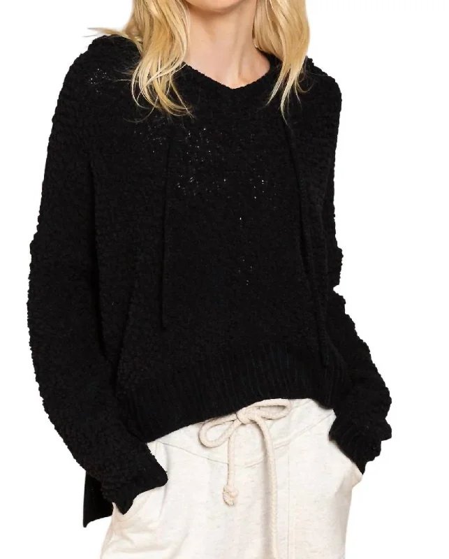 Textured Knit Hoodie In Black Hoodie with Frayed Bohemian Relaxed