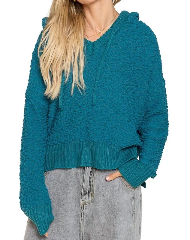 Texured Knit Hoodie In Teal Hoodie with Hem Lace Feminine Delicate