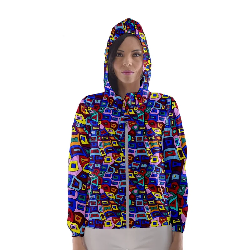 Wavy Square Pattern Women's Hooded Windbreaker Oversized Hoodie Comfort Casual