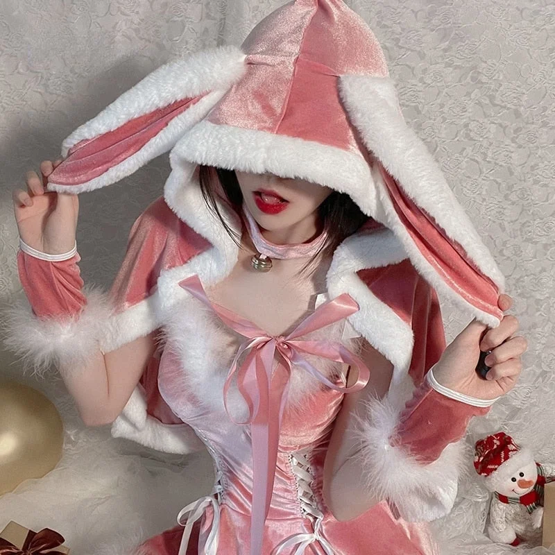 Hooded Pink Christmas Bunny Set Hoodie with Set-In Sleeves Structured Classic