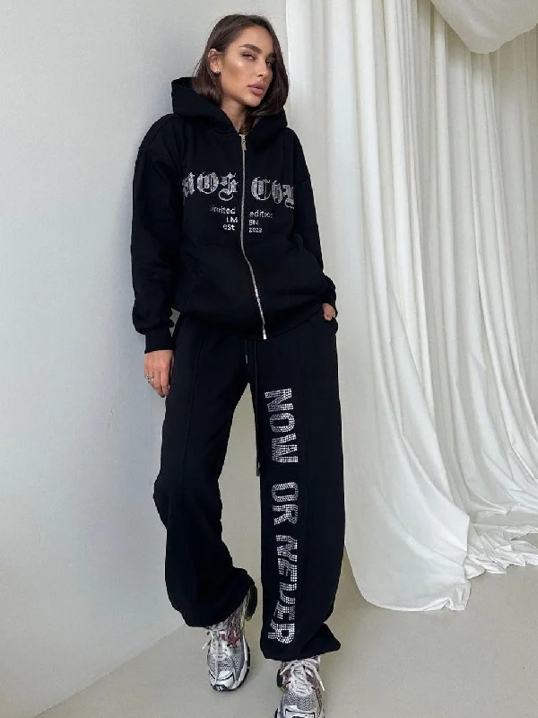 Diamond Zipper Hoodie suit Hoodie with Hem Lace Feminine Delicate