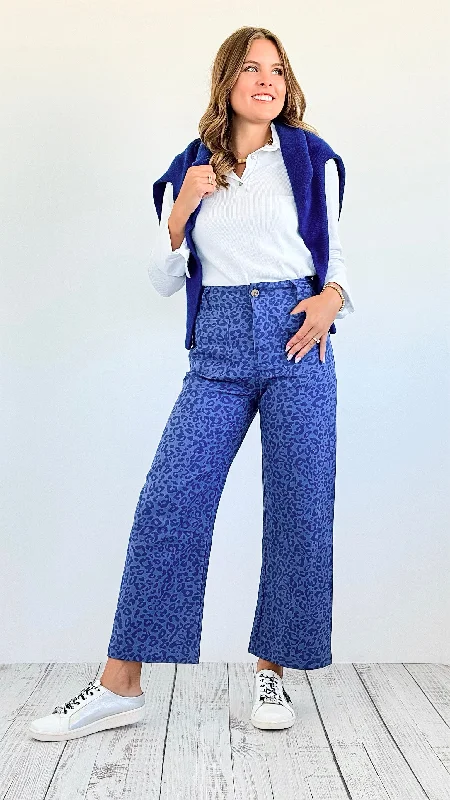 Bold Move Cropped Leopard Pants- Royal Blue Fashionable Button-Up Pants