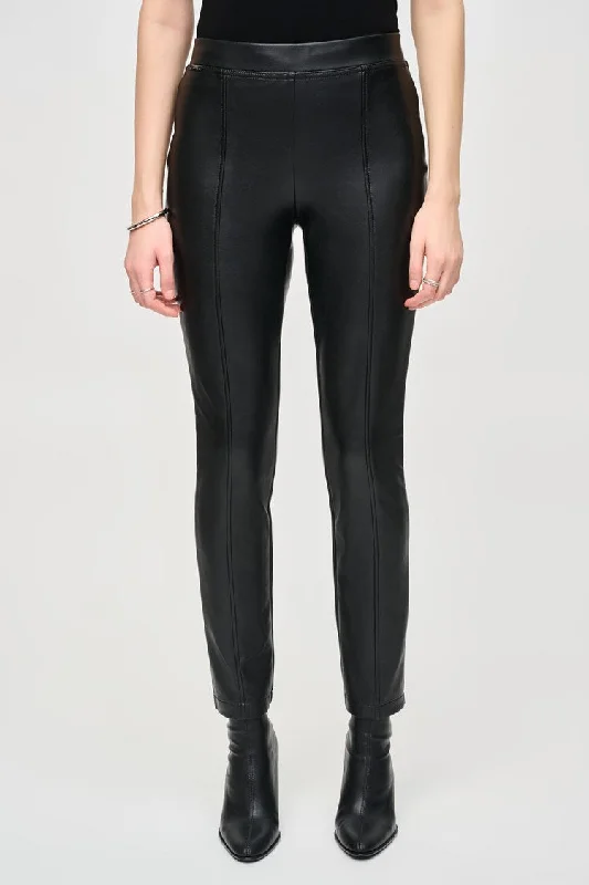 Bonded Leatherette Slim Fit Pants - Black Fashionable Button-Up Pants