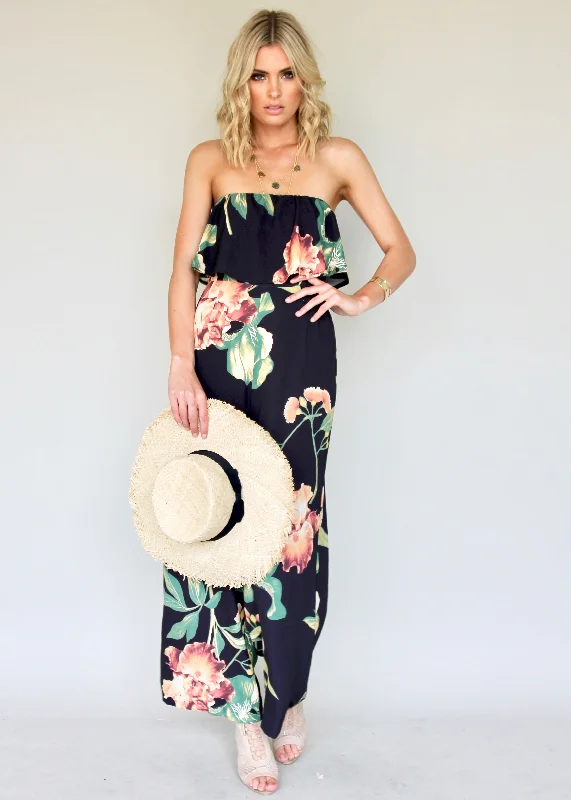 Burning Sun Strapless Pantsuit - Black Floral Trendy Palazzo Pants