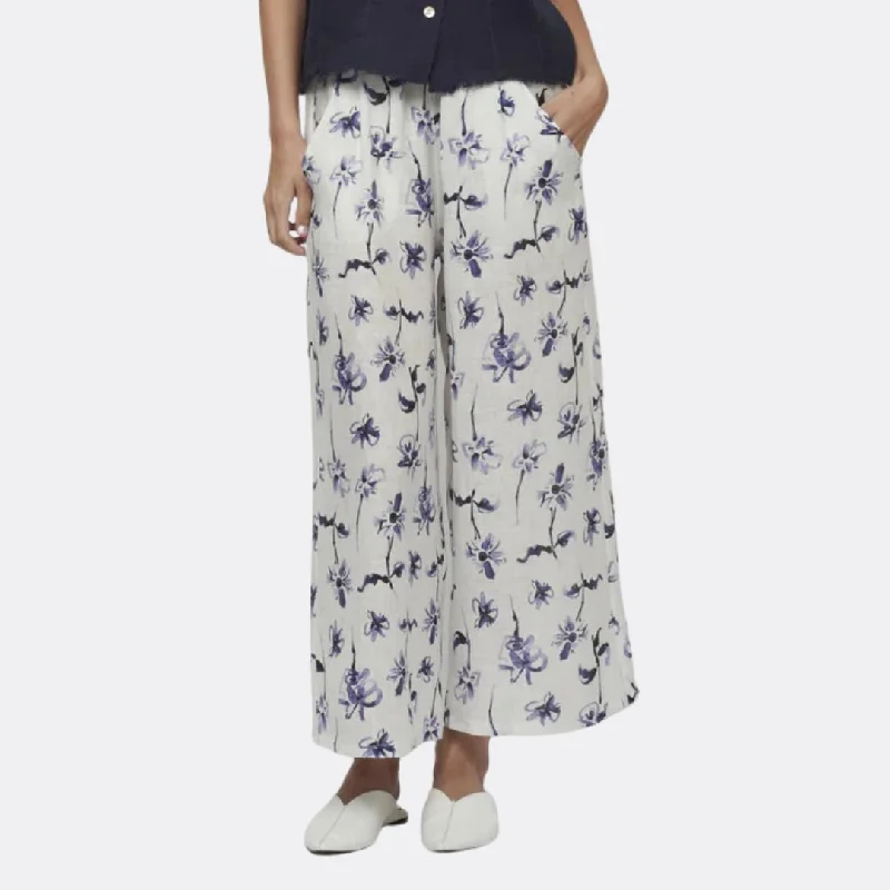 Cropped Linen Pants (Lilac Mix Digital Floral Print) Trendy Wide-Legged Trousers