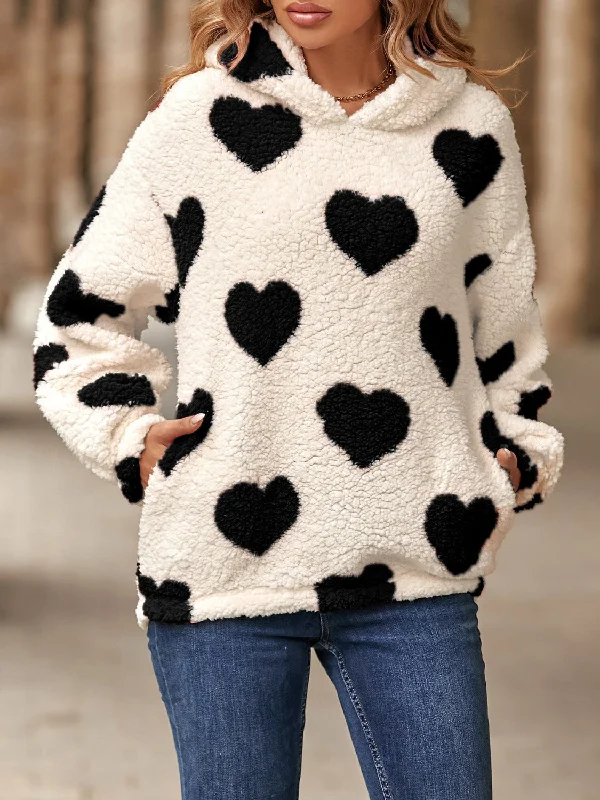 Fuzzy Heart Pocketed Dropped Shoulder Hoodie Hoodie with Exposed Zipper Edgy Industrial