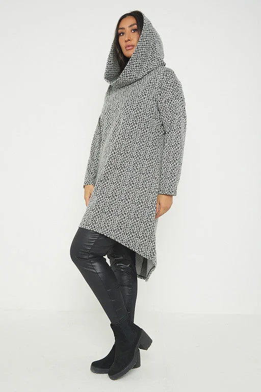 One Size Check Hooded Long Roll neck Top Hoodie with Half-Zip Sporty Casual