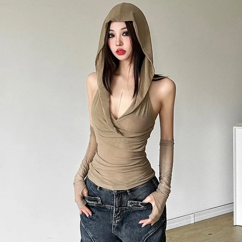 Hoodie gloves sheer mesh top Oversized Hoodie Comfort Casual