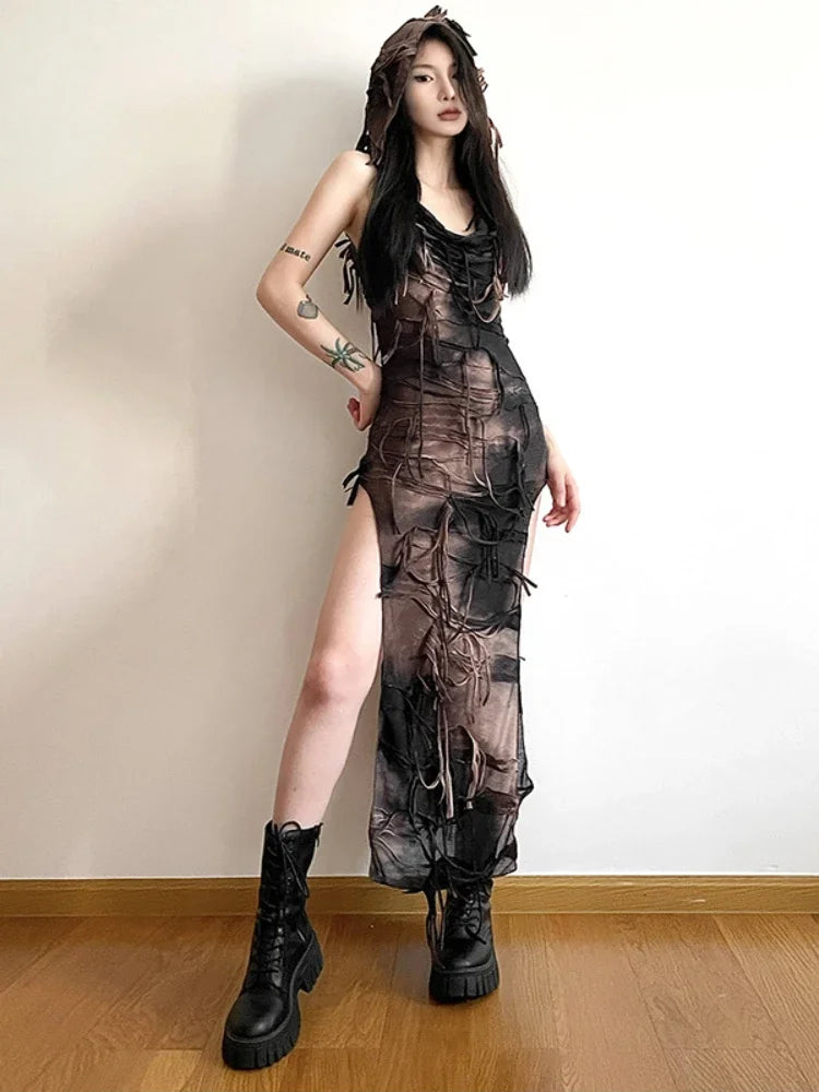 Tassel Sleeveless High Y2K Gothic Grunge Tie Fairy Midi Hooded Sexy Vintage Gown Dye Split Gown Hoodie with High-Low Hem Asymmetrical Trendy