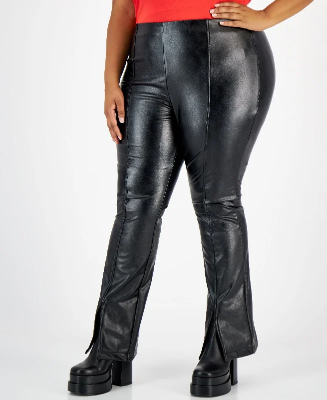 Plus Size Faux-Leather Slit-Cuff Flare-Leg Pants Stylish Slim Trousers