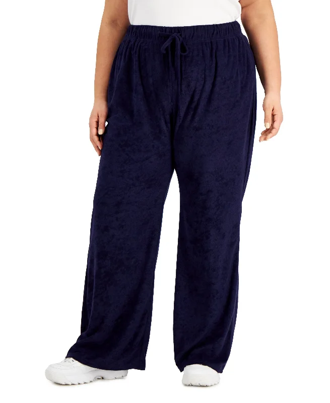 Rebellious One Trendy Plus Size Loop Terry Wide-Leg Pants Stylish Paperbag Waist Pants