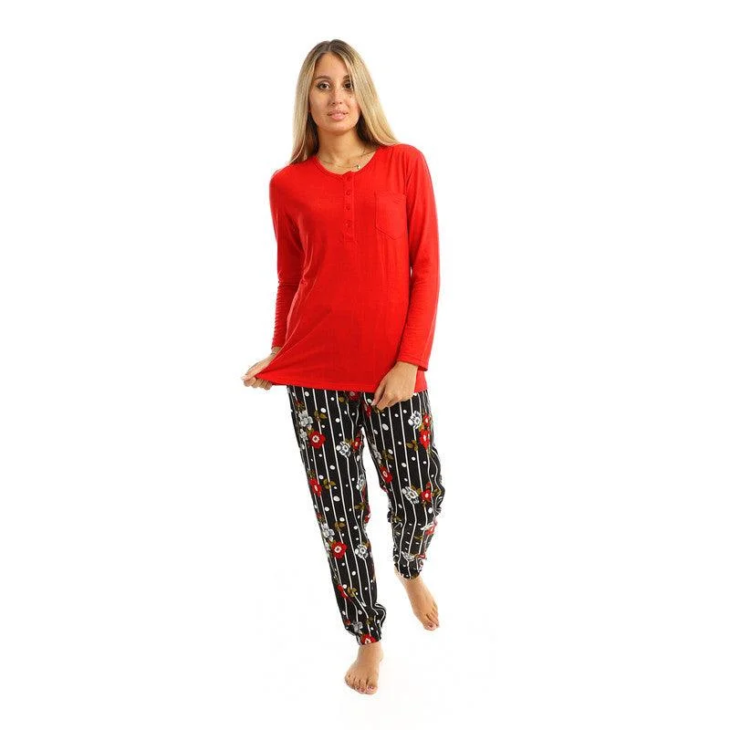 Side Pocket Printed Pants Long Sleeves Pajama Slim-Fit Leggings