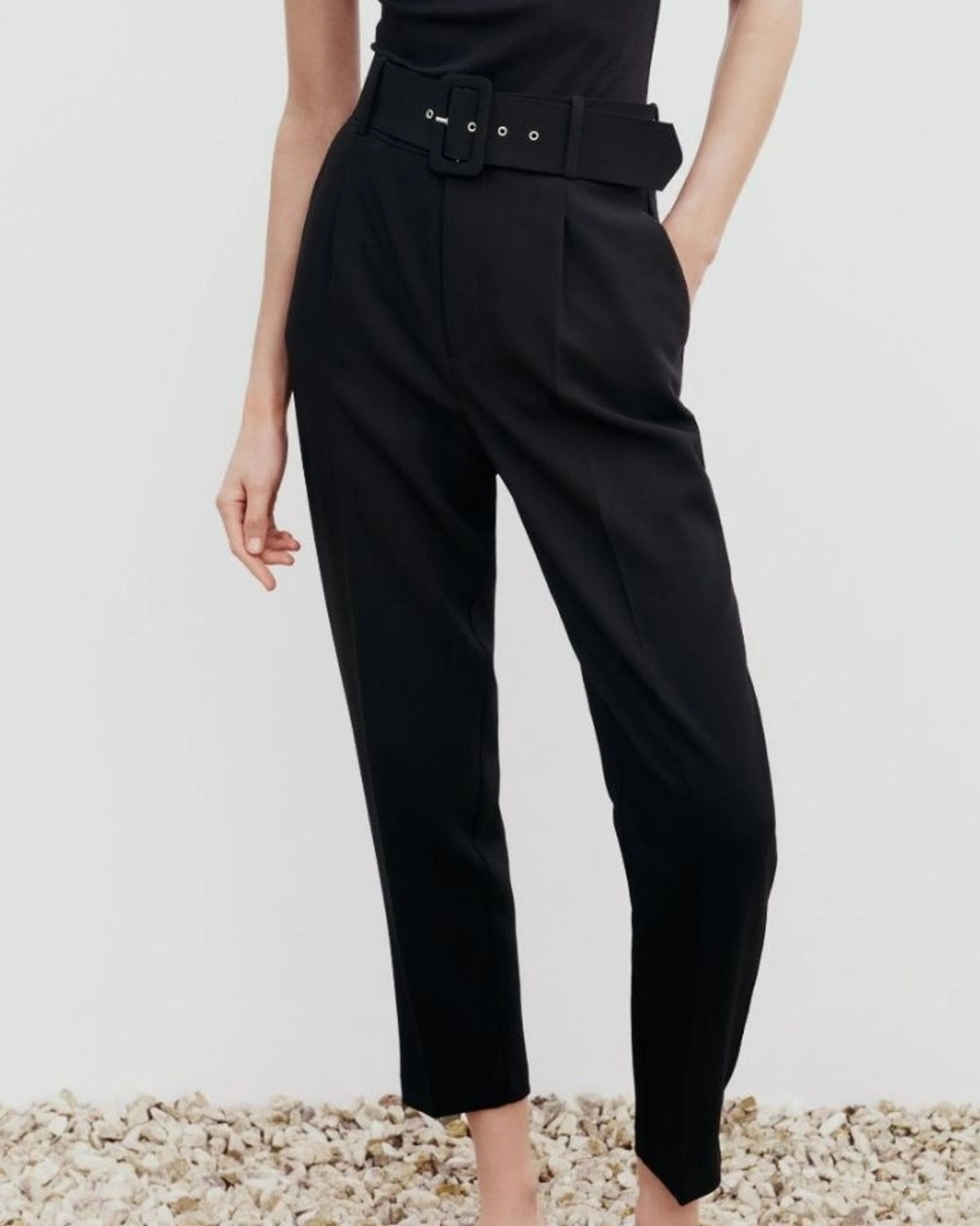 BELTED TAPERED PANTS WITH BELT BLACK Elegant Palazzo Trousers