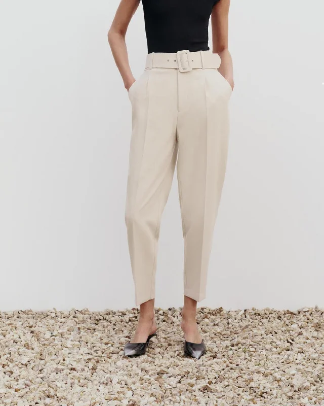 TAPERED STRETCH PANTS WITH BELT BEIGE Casual Plaid Pants