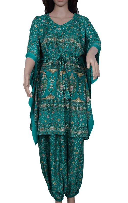 Sushila Vintage Blend Silk Sari upcycled Aladdin Pants Kafthan Top Teal Blue Classic Straight-Leg Pants