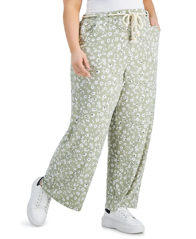 Trendy Plus Size Printed Wide-Leg Soft Pants With Rope Belt Comfortable Jogging Pants