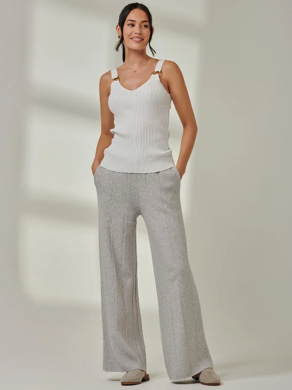 Vertical Line Knit Flared Pants, Dove Heather Classic Straight-Leg Pants