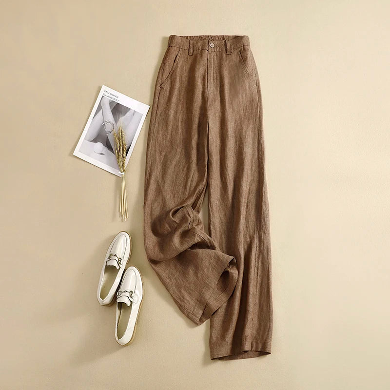 Women's Cotton Linen Fashion Designer Wide Leg Pants Classic Chino Pants