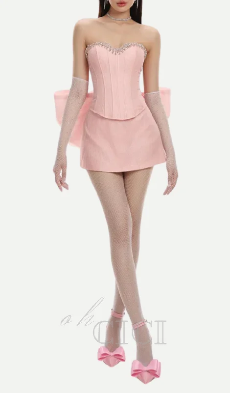 back bowknot embellished skirt suit in pink chiffon skirt lightweight