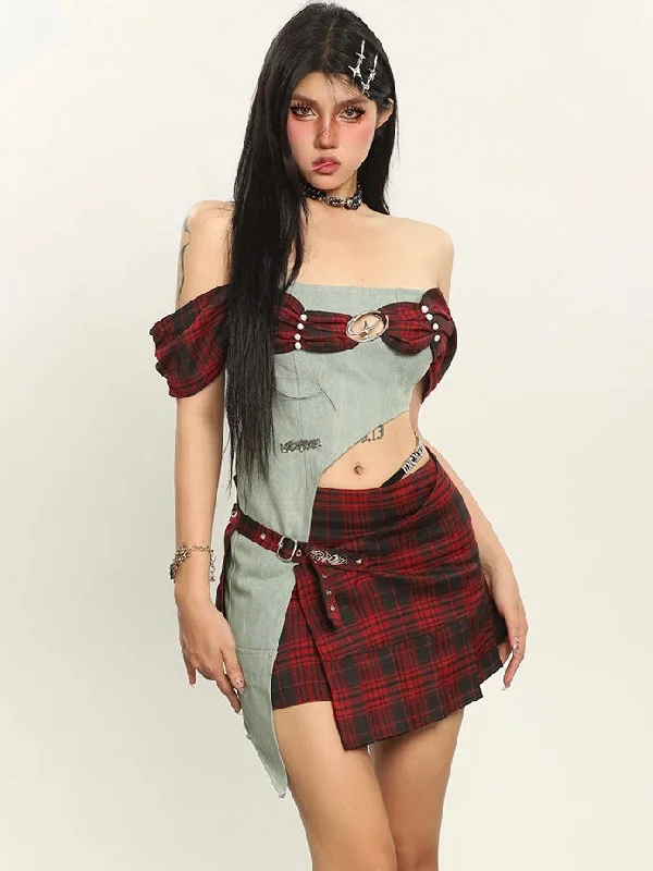 Dauna Red Check Paneled Denim College Off-the-Shoulder Top + Belt Strap Mini Skirt Matching Set linen skirt light