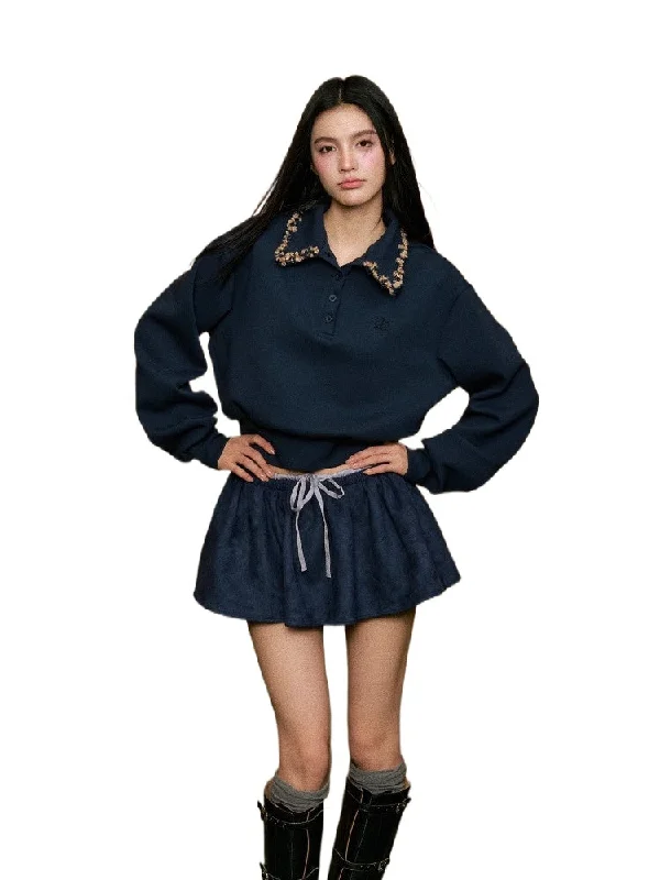 Knit Striped Collar Polo Sweatshirt & Skirt Set velvet skirt plush